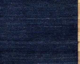 Alfombra moderna de lana azul marino anudada a mano, alfombra lisa hecha a mano, decoración minimalista contemporánea para sala de estar y dormitorio.