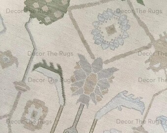 Alfombra de lana Oushak anudada a mano, color gris marfil, con estampado floral, hecha a mano, estilo tradicional, neutra, para sala de estar o dormitorio.