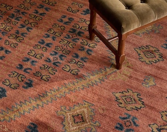 Hand Knotted Wool Rug Rust Red Tribal Medallion Pattern Handmade Area Rug Distressed Geometric Design Living Room Kitchen Decor Rug