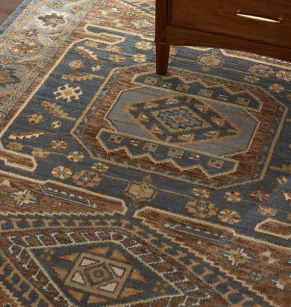Hand Knotted Wool Rug Blue Brown Tribal Medallion Geometric Pattern Handmade Area Rug Traditional Boho Living Room Bedroom Rug