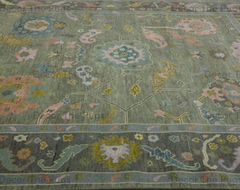 Alfombra de lana Oushak anudada a mano, color verde salvia, con estampado floral, alfombra tradicional hecha a mano con medallón, ideal para la sala de estar o el dormitorio.