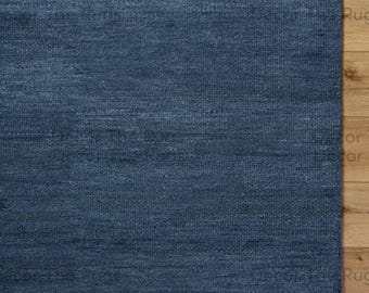 Alfombra moderna de lana azul pizarra anudada a mano, alfombra lisa hecha a mano, decoración minimalista contemporánea para sala de estar y dormitorio.