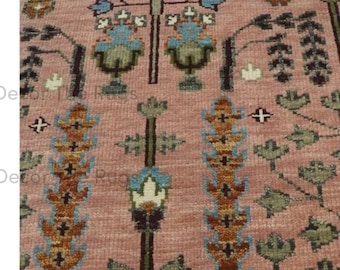 Alfombra de lana anudada a mano, alfombra rosa con diseño del Árbol de la Vida, alfombra floral botánica hecha a mano, decoración tradicional para sala de estar y dormitorio.