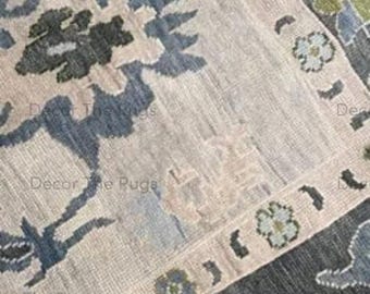 Alfombra de lana Oushak anudada a mano, color azul marfil, con estampado floral, hecha a mano, estilo moderno y tradicional, para sala de estar o dormitorio.
