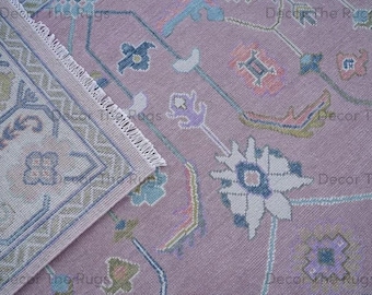 Alfombra de lana anudada a mano, rosa pastel, geométrica, con estampado floral tribal, hecha a mano, decoración tradicional para sala de estar y dormitorio.