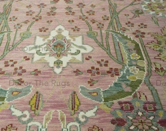 Alfombra de lana anudada a mano, alfombra rosa con estampado floral de pájaros, alfombra botánica artesanal, alfombra tradicional para sala de estar y dormitorio.