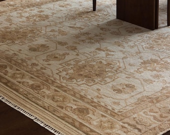 Hand Knotted Wool Rug Beige Neutral Floral Medallion Pattern Handmade Area Rug Traditional Soft Tone Living Room Bedroom Elegant Rug