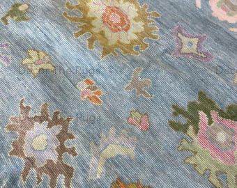 Alfombra de lana Oushak anudada a mano, alfombra floral azul, alfombra botánica tradicional hecha a mano para la decoración de la sala de estar y el dormitorio.