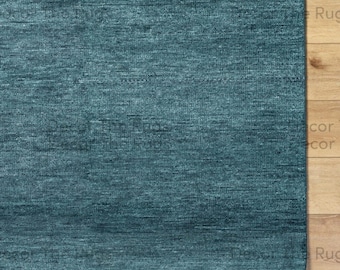 Alfombra moderna de lana azul verdoso anudada a mano, alfombra lisa hecha a mano, alfombra minimalista contemporánea para sala de estar y dormitorio.
