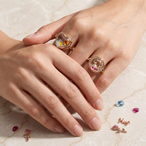 Puede incluir: Dos anillos dorados con caras de cristal transparente, uno en forma de corazón y otro redondo. El anillo en forma de corazón contiene una margarita y detalles amarillos, el anillo redondo una figurita y gemas rosas. Gemas sueltas y un dije de rosa están dispersos.