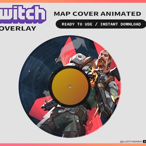 May include: A Twitch overlay graphic featuring a circular design with a video game character illustration. The design includes the text "Twitch Overlay" and "Map Cover Animated". The background is a gradient of pink and white.