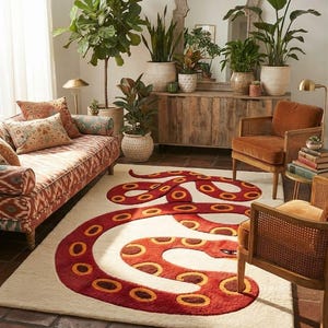 May include: A rectangular area rug featuring a large, stylised snake motif in shades of red, orange, and dark brown against a cream-coloured background. The snake's body curves across the rug, displaying a repeating pattern of circular markings.