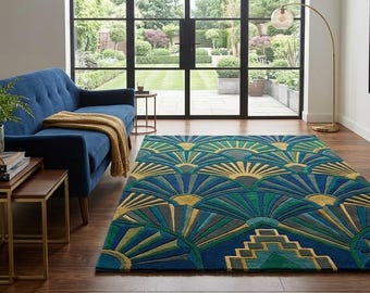 Art Deco Fan Pattern Hand Tufted Wool Area Rug – Blue Green Geometric Luxury Carpet