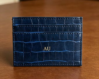 Individuell gravierter Marine-Kroko-Kartenhalter, personalisiertes schlankes Kartenetui, luxuriöse Ledertasche mit Prägung, formelles tägliches Accessoire-Geschenk