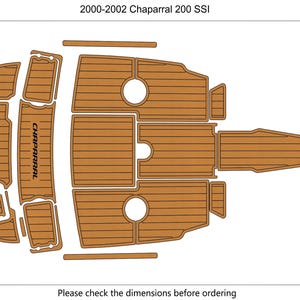 May include: A diagram of a boat deck kit for a 2000-2002 Chaparral 200 SSI. The kit is composed of multiple brown, wood-grain patterned pieces. The total area is 5.91 square meters. The word "CHAPARRAL" is printed on one piece.