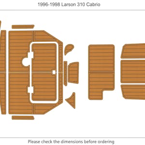 May include: Diagram of a boat flooring kit for a 1996-1998 Larson 310 Cabrio. The kit is composed of multiple brown, rectangular pieces with wood grain texture. The total area is 5.66m². Text at the bottom reads: Please check the dimensions before ordering.