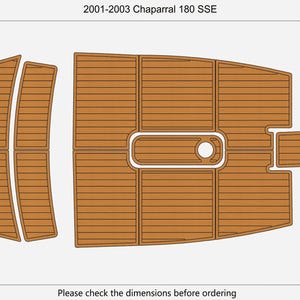 May include: A detailed diagram of a boat floor, featuring a light brown wood-grain pattern. The design is segmented into multiple pieces, with a total area of 8.56 square meters. Text at the top reads "2001-2003 Chaparral 180 SSE."