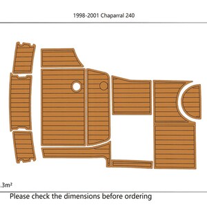 May include: A diagram of a boat floor mat set for a 1998-2001 Chaparral 240. The mats are brown with a wood grain pattern. The total area is 4.3 square meters. Text on the image reads: "Please check the dimensions before ordering."