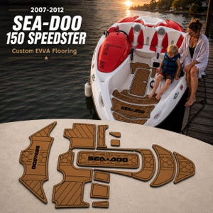 May include: A set of brown EVA foam flooring pads for a 2007-2012 Sea-Doo 150 Speedster boat. The pads feature black Sea-Doo branding, geometric patterns, and cutouts designed to fit specific deck areas, shown on a light surface with a boat.