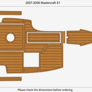 May include: A diagram of a boat floor mat set for a 2007-2008 Mastercraft X1. The mats are brown with a wood grain pattern. The total area is 3.22m². Text on the image reads: "Please check the dimensions before ordering."