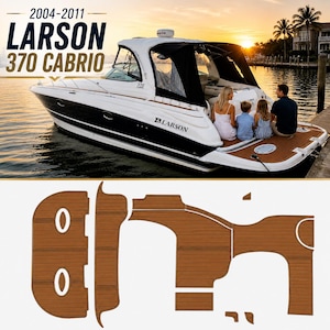 May include: A set of brown, teak-style foam decking pads designed for a 2004-2011 Larson 370 Cabrio boat. The pieces feature black linear grooves and are shown alongside an image of the boat on the water with a family sitting on the swim platform.