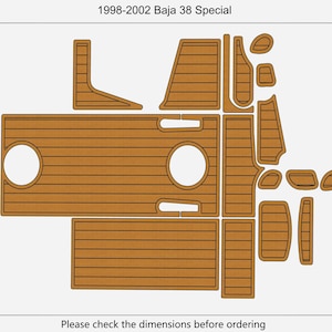 May include: A diagram of pre-cut boat flooring for a 1998-2002 Baja 38 Special. The pieces are various shapes and sizes, with a wood-grain texture and brown color. The total area is 5.09 square meters. Text: Please check the dimensions before ordering.