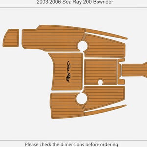 May include: A diagram of a boat deck kit for a 2003-2006 Sea Ray 200 Bowrider. The kit is composed of multiple brown pieces with wood grain texture. The text "Sea Ray" is visible on one piece. The total area is 6.54m².