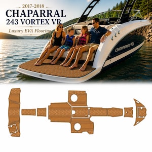 Puede incluir: Una embarcación Chaparral 243 Vortex VR con suelo de espuma EVA marrón con patrón hexagonal. La imagen muestra el barco en el agua con pasajeros y un diagrama que detalla las piezas individuales del suelo para la cubierta.