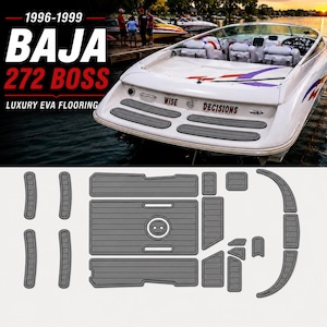 May include: A set of grey EVA foam flooring pads designed for a 1996-1999 Baja 272 Boss boat. The kit includes various rectangular and curved pieces with linear grooves, shown as a flat layout below a white boat with grey deck pads installed.
