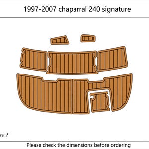 May include: A diagram of a boat deck kit for a 1997-2007 Chaparral 240 Signature boat. The kit is composed of several brown, wood-grain patterned pieces. The text at the top reads "1997-2007 chaparral 240 signature". The total area is 1.79m².