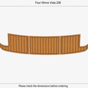 May include: A boat deck kit with a light brown wood grain pattern and black lines. The kit is composed of three sections with curved edges and the text "Four Winns Vista 258". The total area is 1.13m³.