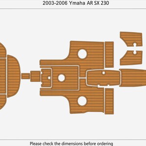 May include: A detailed diagram of a boat floor mat set for a Yamaha AR SX 230 model from 2003-2006. The set is composed of multiple brown, wood-grain patterned pieces. The total area is 8.5 square meters. Text at the top reads "2003-2006 Ymaha AR SX 230".