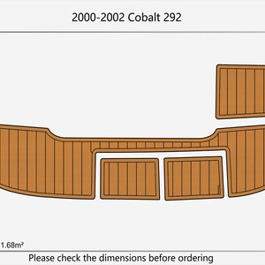 May include: Diagram of a boat flooring kit for a 2000-2002 Cobalt 292. The kit is composed of several brown, rectangular pieces with vertical lines, designed to fit the boat's interior. The total area is 1.68m².