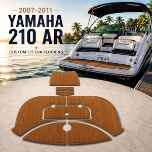 May include: Brown custom fit EVA flooring pieces for a Yamaha 210 AR boat. The flooring is designed for the 2007-2011 model years. The boat is white with black accents and is docked near a body of water.