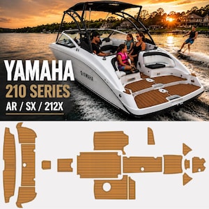 May include: A set of brown, wood-grain textured foam deck pads designed for a Yamaha 210 Series boat. The kit includes multiple pre-cut pieces with black seam lines, intended for installation on the swim platform and interior floor areas of the boat.