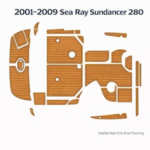 May include: Diagram of SeaDek Style EVA boat flooring for a 2001-2009 Sea Ray Sundancer 280. The flooring is a light brown color with dark brown lines, and includes various shapes and sizes for different boat sections.
