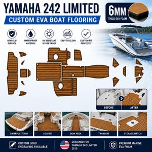 May include: Custom EVA boat flooring for Yamaha 242 Limited boats. The image shows brown, wood-grain patterned foam pieces, along with a boat on the water. Features include non-slip, waterproof, UV resistant, and easy-to-clean material. The text reads "6MM Thick EVA Foam."