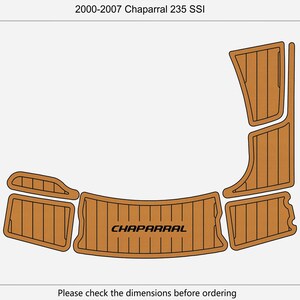 May include: A set of brown boat floor mats for a 2000-2007 Chaparral 235 SSI boat. The mats are cut to fit the boat's interior and feature the brand name "CHAPARRAL". The total area is 1.68 square meters.