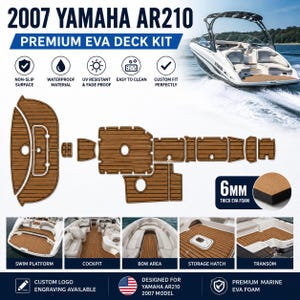 May include: A brown and white boat deck kit for a 2007 Yamaha AR210. The kit is made of 6mm thick EVA foam and includes pieces for the swim platform, cockpit, bow area, storage hatch, and transom. Features include a non-slip surface, waterproof material, and UV resistance.