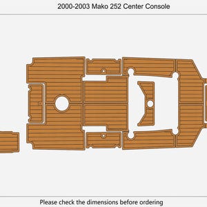 Peut inclure: Vue de dessus d'un kit de revêtement de sol pour bateau pour une console centrale Mako 252 de 2000-2003. Le kit est marron avec un motif de grain de bois. La surface totale est de 8,02 mètres carrés. Le texte dit : "Veuillez vérifier les dimensions avant de commander."