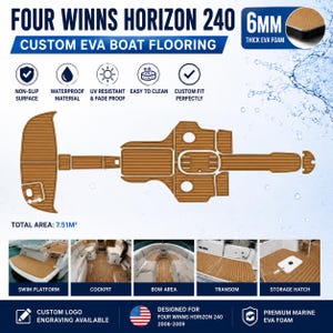 May include: Custom EVA boat flooring for Four Winns Horizon 240 boats. The brown flooring is non-slip, waterproof, UV resistant, and easy to clean. The total area is 7.51 square meters. The flooring is 6mm thick and custom fit. Custom logo engraving is available.