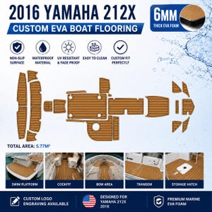 May include: Custom EVA boat flooring for a 2016 Yamaha 212X. The brown flooring is 6mm thick and designed to be non-slip, waterproof, and UV resistant. The total area is 5.77 square meters. Features include custom fit, easy to clean, and custom logo engraving.