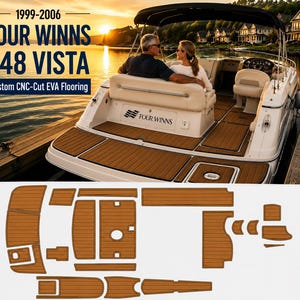 May include: A set of brown, CNC-cut EVA foam flooring panels designed for a 1999-2006 Four Winns 248 Vista boat. The panels feature a linear grooved texture and are shown installed on the deck of a boat and as a flat layout on a white background.