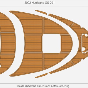 May include: A detailed diagram of a boat deck, featuring a light brown wood grain pattern. The design is segmented into various shapes, including curved and rectangular sections. Text at the top reads "2002 Hurricane GS 201". The total area is 6.84m².