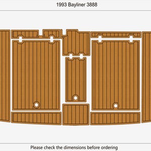 May include: A detailed diagram of a boat flooring kit for a 1993 Bayliner 3888. The kit is composed of multiple brown pieces with black lines, designed to fit the boat's interior. The total area is 5.91 square meters. Text: Please check the dimensions before ordering.