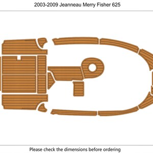 May include: A top-down view of a boat deck layout in brown, with various cut-out sections. The text "2003-2009 Jeanneau Merry Fisher 625" is at the top. The total area is 7.90 square meters. The text "Please check the dimensions before ordering" is at the bottom.