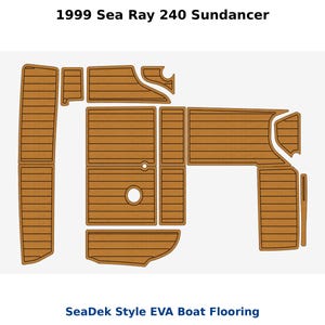 Può includere: Disposizione di pezzi di pavimentazione per barche marroni con motivo a venature del legno, progettati per una Sea Ray 240 Sundancer del 1999. Il testo "SeaDek Style EVA Boat Flooring" è visibile.