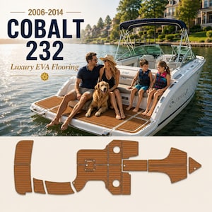 May include: Brown EVA foam boat flooring kit for 2006-2014 Cobalt 232 models. The set includes multiple precision-cut, teak-style panels with black seam lines, designed to cover the swim platform and cockpit areas of the watercraft.