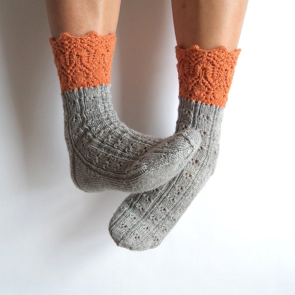 READY to SHIP EUR 39 Luxurious hand knit wool socks. Orange. Grey. Gray. Bed socks. Boudoir. House socks.