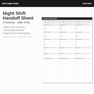 May include: A printable PDF night shift handoff sheet. The sheet includes sections for 3 patients, a 1900-0700 clock strip, AM handoff checklist, and hour-by-hour med tracking. The document is 8.5x11 inches.